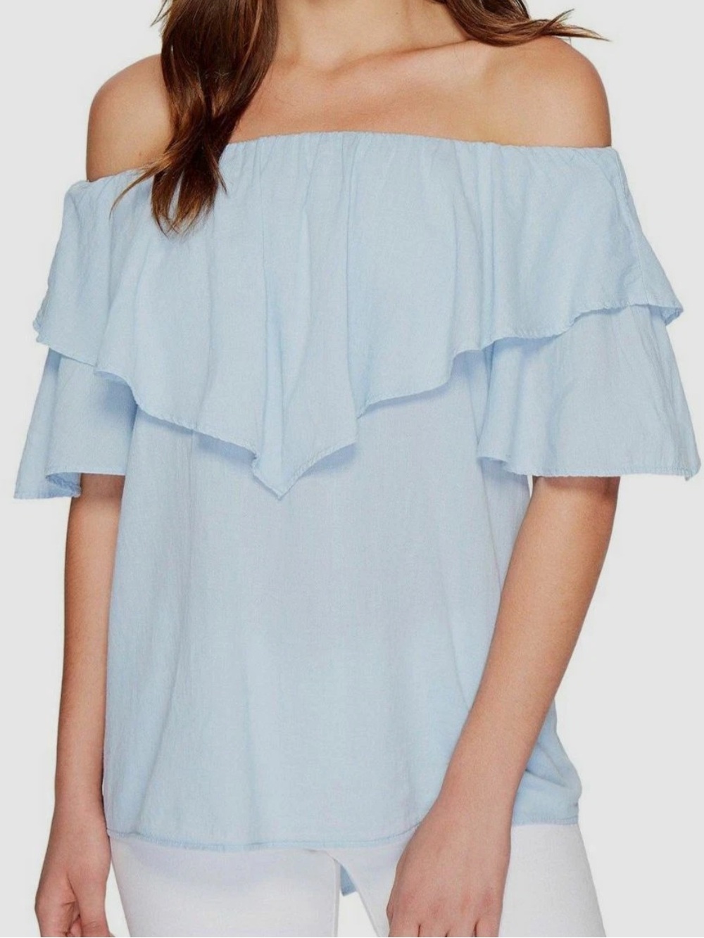 Cotton Short Sleeve Off the Shoulder Ruffle Blouse Top EUC brand Heather
